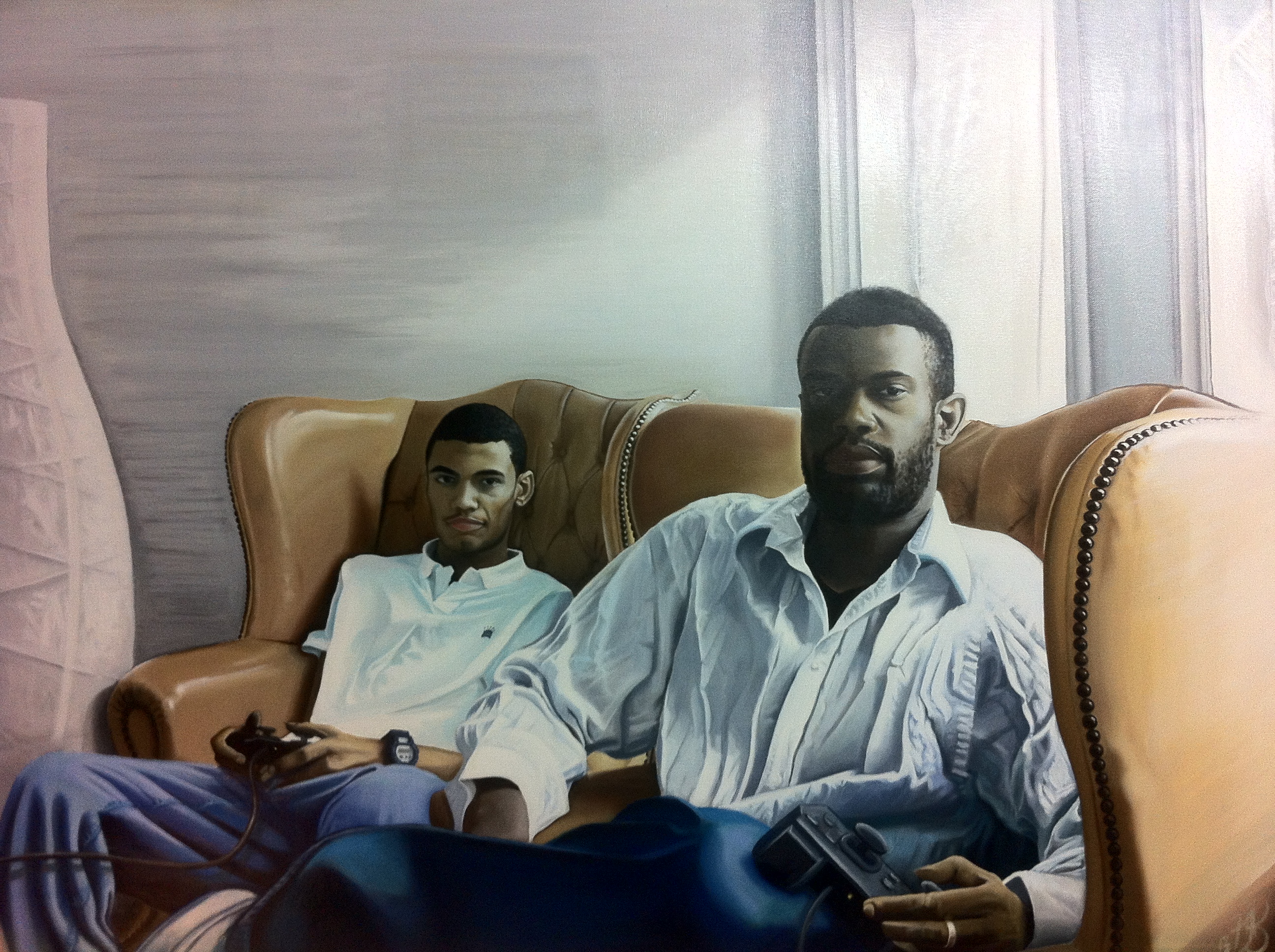 An oil portrait painting by Ben summers of a father and son